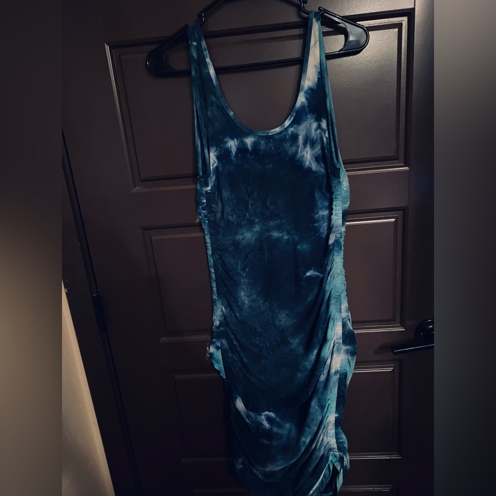 Blue Tie-Dye Small Scoop Neck Midi Dress